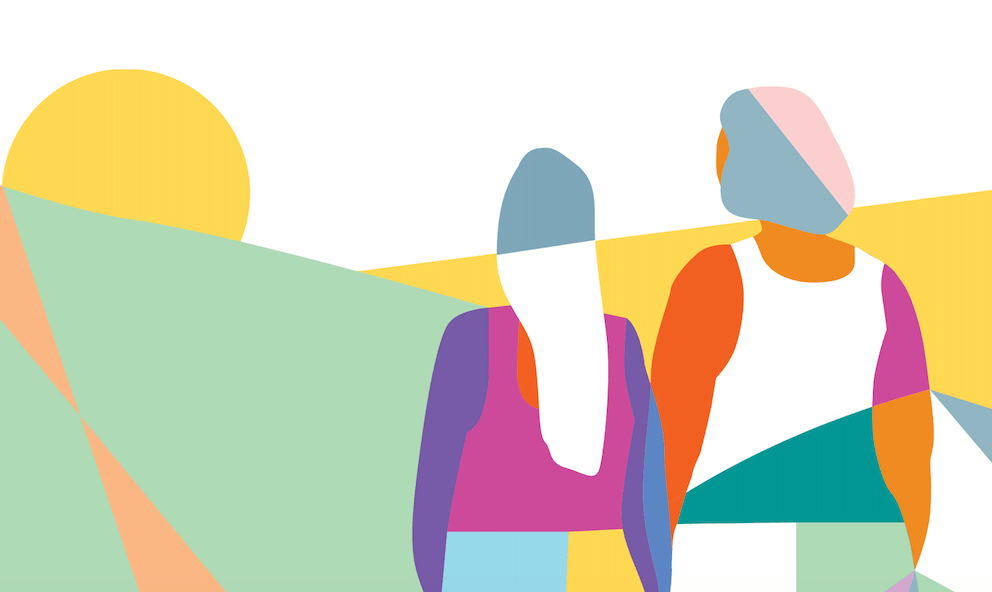 Illustration of two people looking at a sunset
