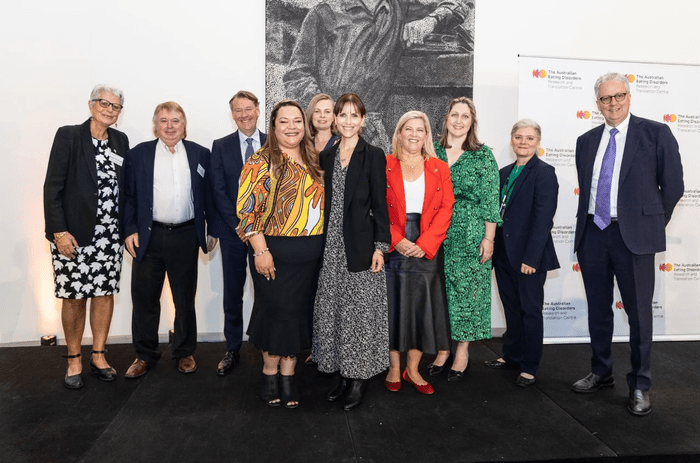 (from left to right) Robyn Kruk AO, Professor Stephen Touyz, Professor Stephen Simpson, Leilani Darwin, Associate Professor Sarah Maguire, Shannon Calvert, Bronnie Taylor, Emma McBride, Peta Marks, Professor Mark Scott.  For full details please refer to end of the article.